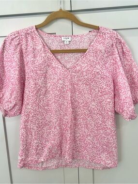 J. Crew Pink and White Floral V-Neck Puff Sleeve Blouse SZ S preppy coquette